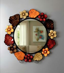 Vintage PRIMITIVE Metal & Glass Floral Poppy Sunflower Wall Mirror 25/25
