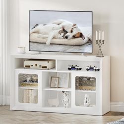 TV Stand, Buffet Cabinet with 2 Glass Door, Adjustable Shelves, Accent Cabinet, Entertainment Center Console Table, Media Furniture for Living Room, B