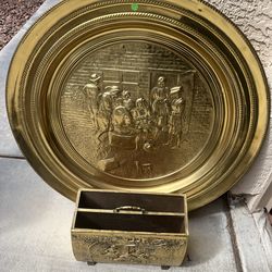 Vintage Antique 3ft 3D Embossed Ornate Brass Wall Hanging Decorative Center Art Piece & Magazine Rack