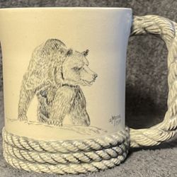Vintage 1989 Handpainted Bear Coffee Mug with Rope-like Handle and Trim. 