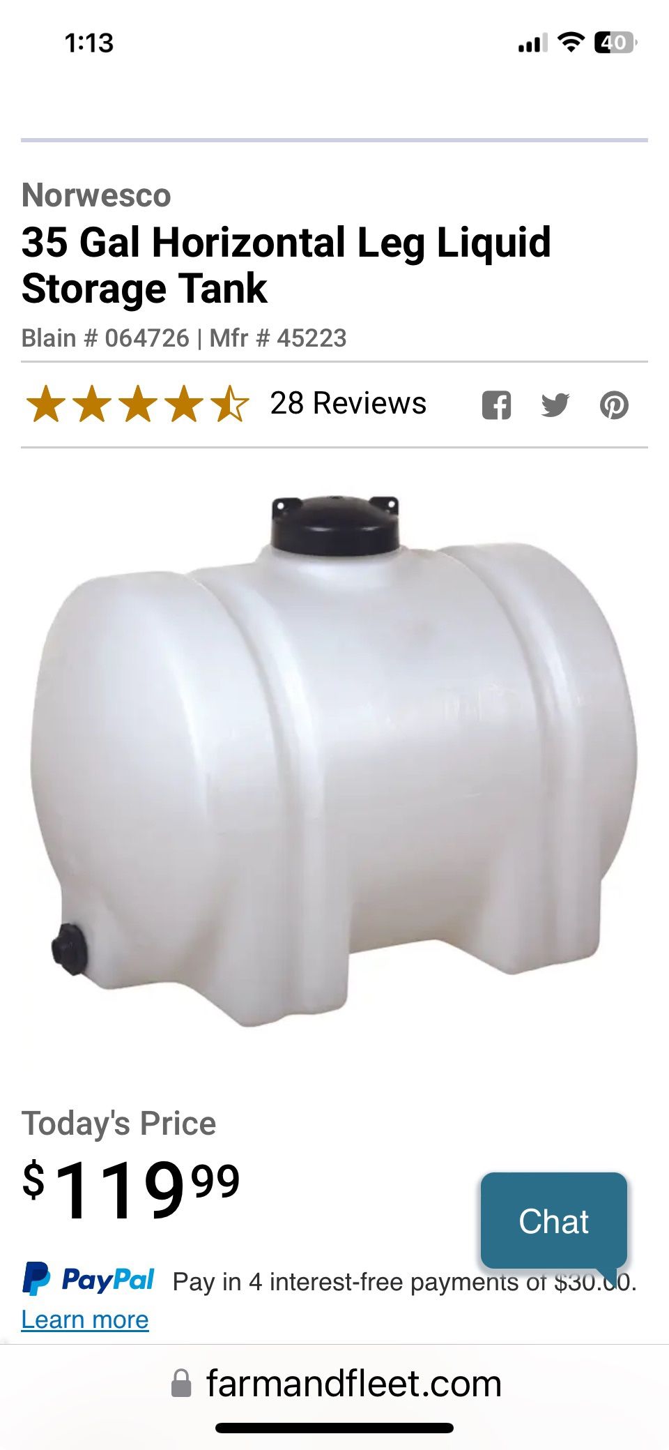 35 Gallon Horizontal Liquid Storage Tank. 