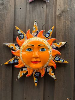 Mexican Talavera Sun Wall Decor, Clay Pot, Planter.