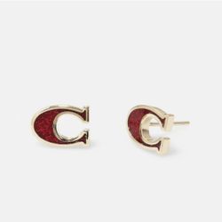 COACH New York Signature Red Glitter/Gold Stud Earrings - Style #CF982 ✨NWT✨