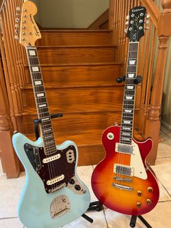 Squier Classic Vibe Jaguar (Mint) and Epiphone Les Paul Standard Pro
