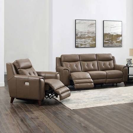 Campania 2 Piece Leather Power Reclining Set W/power Headrests In Truffle Brown