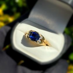 Jewelry 10k solid yellow gold cobalt stone natural diamonds 1.77CTW ring size 11.25