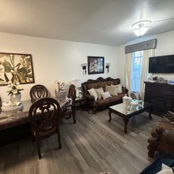 Complete Brown Furniture Set - Includes 2x Couches, 2x End Tables (Nightstand), 6-Seat Dinning Table, 1x Electric Fireplace Mantel, 1x Coffee Table