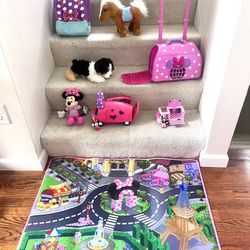Adorable, Disney Minnie Mouse, Toy Lot With Play Rug, Rolling, Dog, Kennel, Horse Stable, Purse, Two Cars With Minnie’s & Soft Toy Minnie ($40 For All