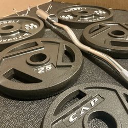 BRAND NEW Olympic Curl Bar With Cast Iron Weight Plates; 35#, 25#, 10#, 5 and 2.5#  (170 pounds)