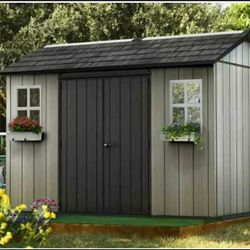 NEW Oakland 11x7.5 Storage Shed - Grey, Wood Look & Feel, Paintable