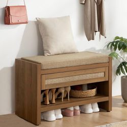 Rattan Shoe Bench Entryway Bench with Storage Drawer and Linen Seat Cushion, Farmhouse Boho Shoe Rack with Shelf, Wooden Storage Bench for Entryway Ha