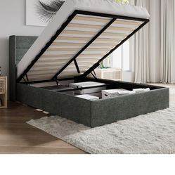 SHA CERLIN Queen Size Lift Up Storage Bed/Modern Wingback Headboard/Upholstered Platform Bed Frame/Hydraulic Storage/No Box Spring Needed/Wood Slats S