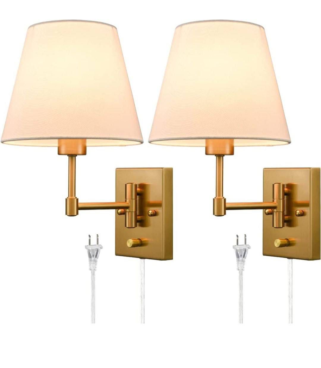 (New in Box) SAMTEEN Plug-in Wall Sconces Set of Two Beige Shade Swing Arm Wall Lamp with Plug-in Cord Wall Mount Reading Light/5-751