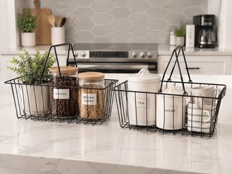 Set of 2 Black Wire Storage Baskets with Handles – Kitchen Organizer