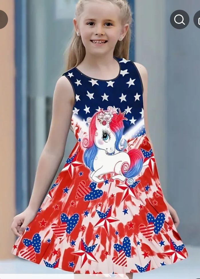 Girls Patriotic Unicorn American Flag Dress