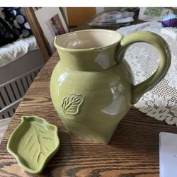 Green Ceramic Pitcher And Dish 