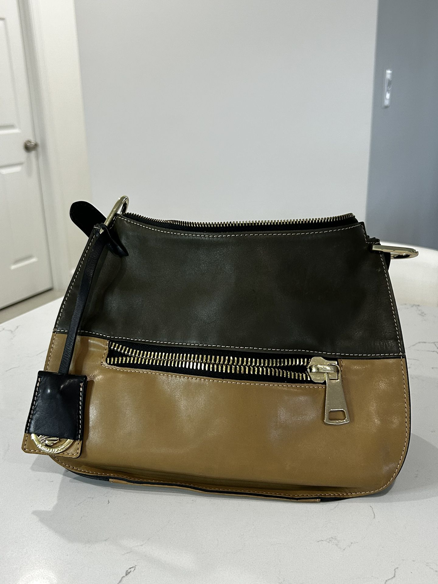 AB Asia Bellucci Genuine Leather Handbag Olive Camel Saddle Shoulder Bag 