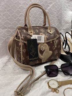 Baby Phat Brown Monogram Barrel Bag with Gold-Tone Charms & Beige Handles