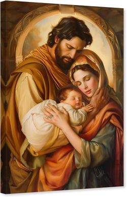 ARTZGX Holy Family Wall Art Catholic Canvas Jesus and Virgin Mary Picture Christian Painting Print for Living Room Decor Frame(Holy Family - B 16.00"