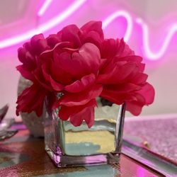 Hot Pink Flowers With Mirrored Vase