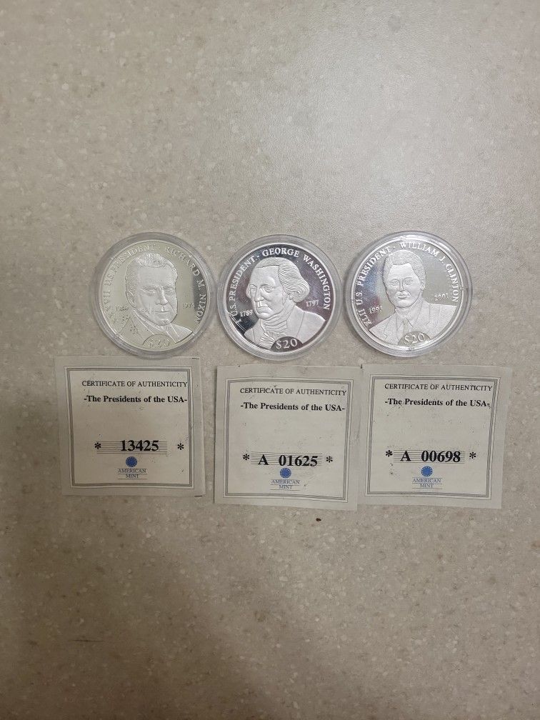 2000 Republic Of Liberia Presidents Of USA 999 Proof Silver Coins. $33 Each 