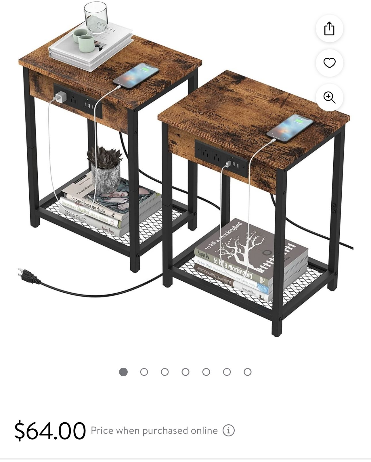 Nightstand End Table with Charging Station Rustic Brown, Set of 2