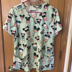 Disney Mint Green Mickey Mouse Ice Cream Cups Scrub Top