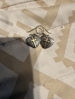 Sterling Silver Heart Shaped Earrings With Gold Cross In Middle