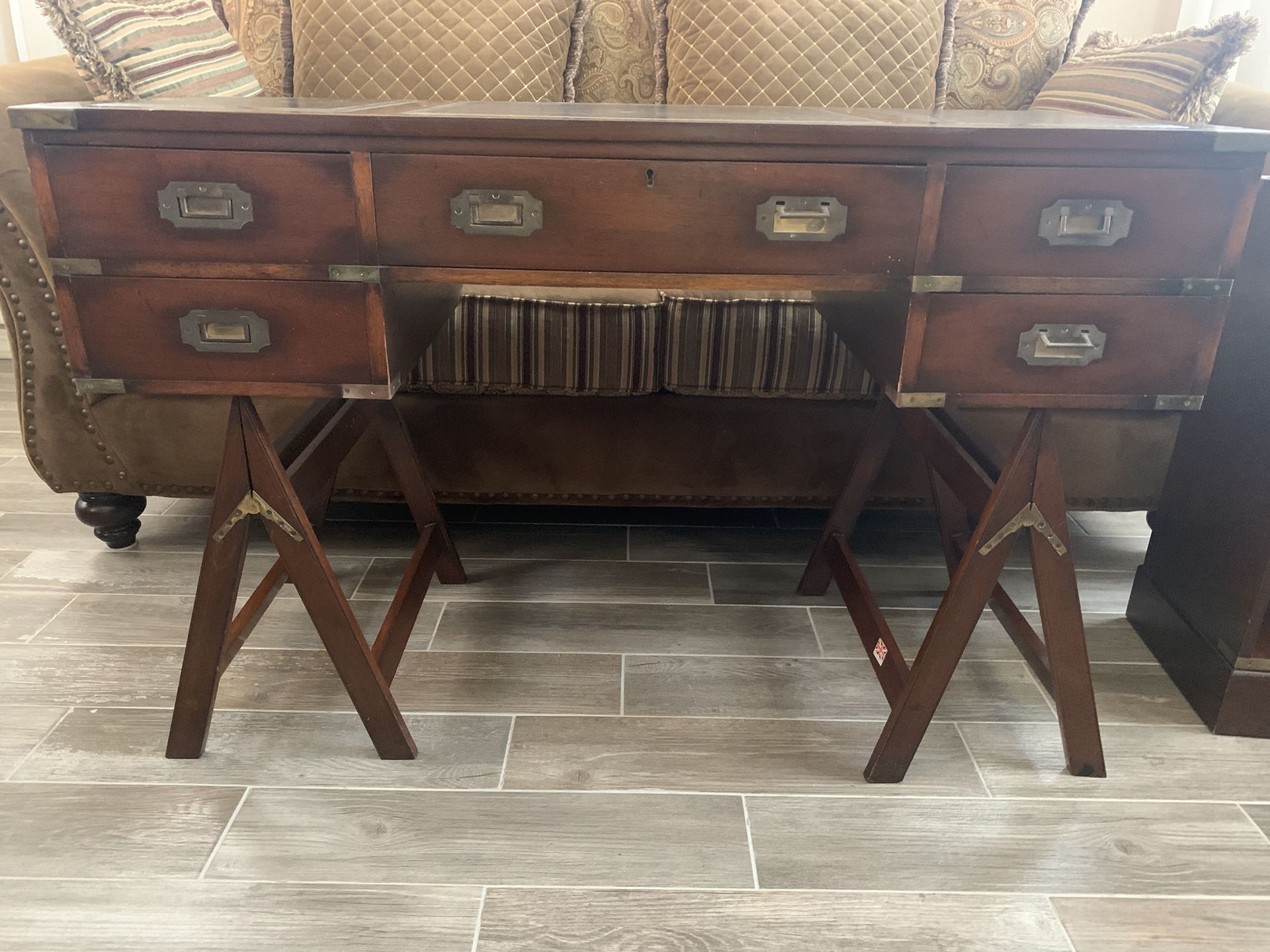 1960's British Paduck Wood Campaign Desk with Brass Hardware and Leather Top