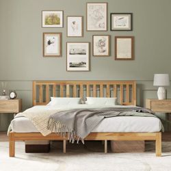 12 Inch King Size Bed Frame Wooden King Bed Frame and Headboard, King-Size BedFrame with Headboard Natural Bed Foundation, No Box Spring Needed, Easy 