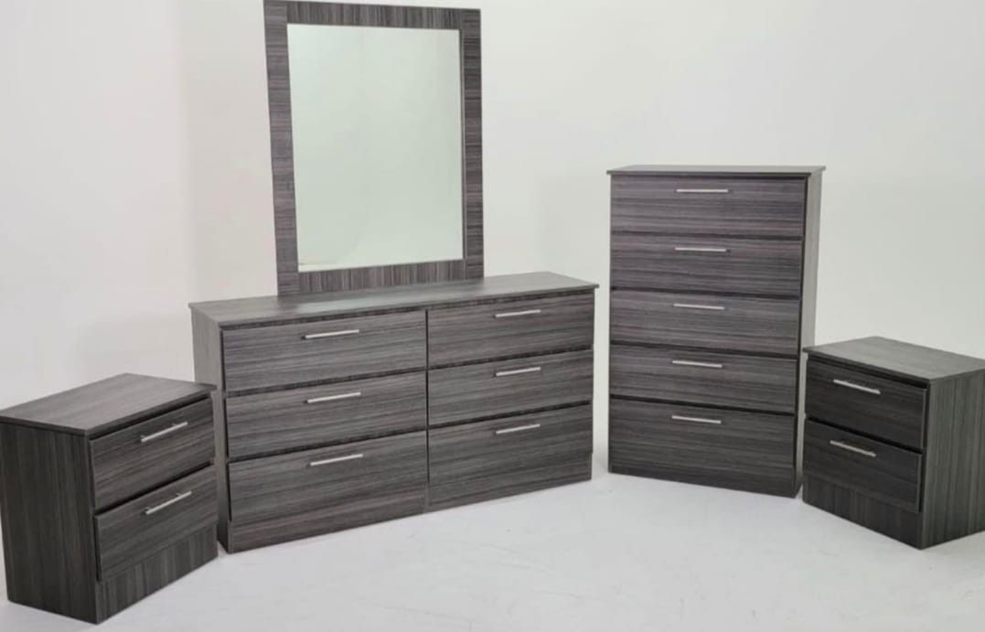 Dark Grey Charcoal Bedroom Set: Dresser, Chest, Mirror And 2 Nightstands