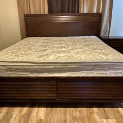 California King Pillow Top Mattress -  Mahogany California King Frame With 2 Storage Drawers - Mahogany Bed Side Table 