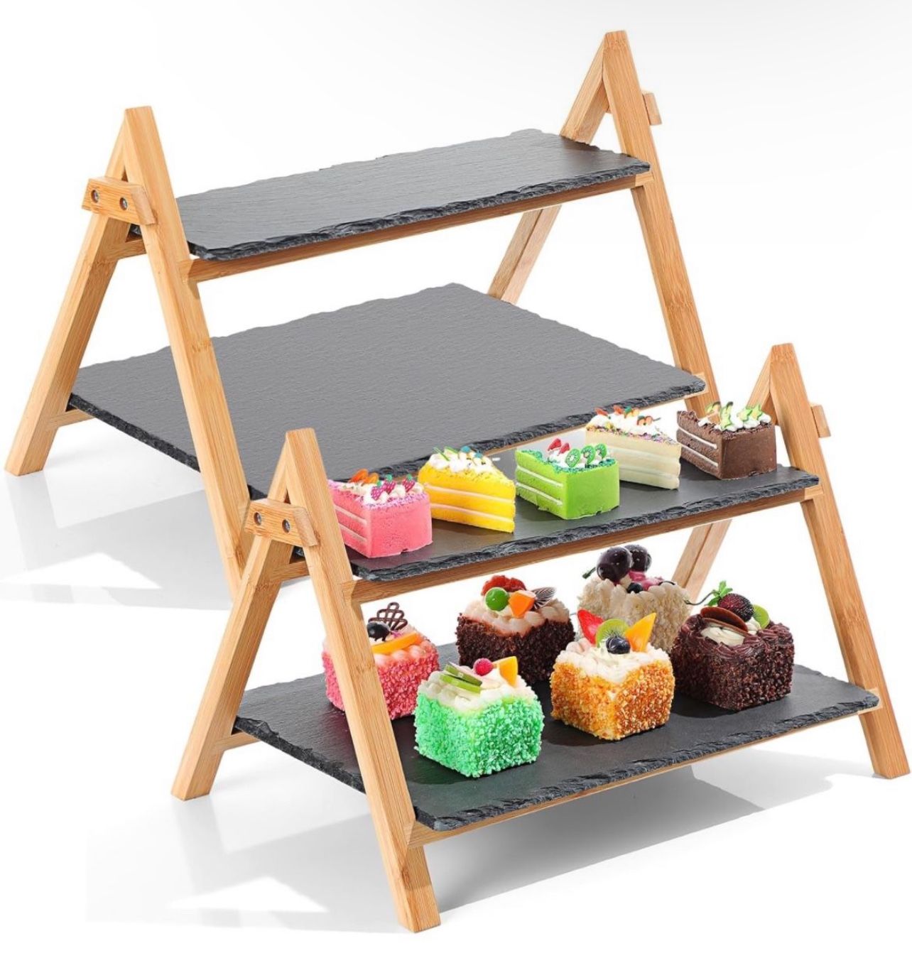 Hoolerry 2 Set Bamboo Wood Tiered Serving Tray with 2 Tier Slate Charcuterie Board Foldable Cupcake Stand Dessert Display Stand Rectangle Serving Plat