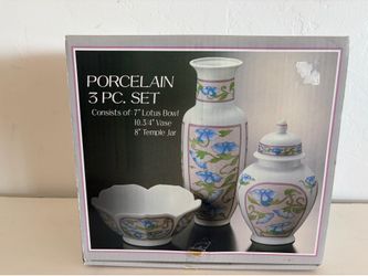 3 piece porcelain set bowl vase and jar