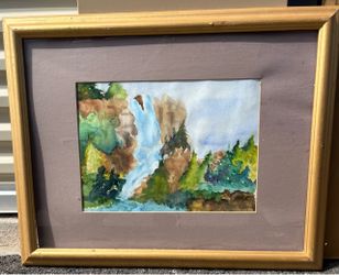 Original Framed Waterfall Landscape Watercolor Signed "Holly Jaramillo" (26" x 22")