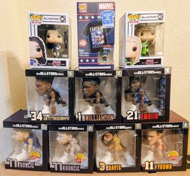 NBA Sm-All Stars, Funko Pop Rocks and Marvel collectibles. Most are $5 and the large Zion is $20.
