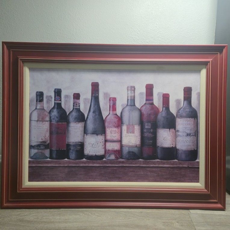 Large 46x34 Framed Wine Bottle Wall Art – Tuscan Italian Kitchen Bar Dining Room Rustic Vineyard Decor