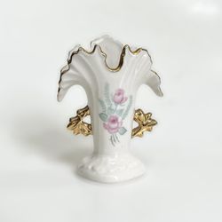 Vintage Porcelain White Gold Double Handle CM 1951 Mini Bud Fan Vase