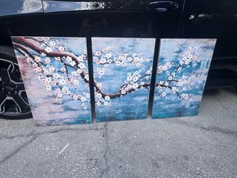 Wall Art for Living Room 100% Hand-Painted Flower Oil Painting On Canvas Gallery Wrapped Large Framed Floral Plum Blossom Tree Teal Blue Artwork for H
