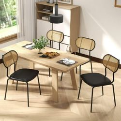 Rattan Dining Chairs Set of 4, Kitchen Chairs, Black Leather Boho Dining Room Chairs, Mid Century Modern Woven Upholstered Chair with Metal Leg Cane C