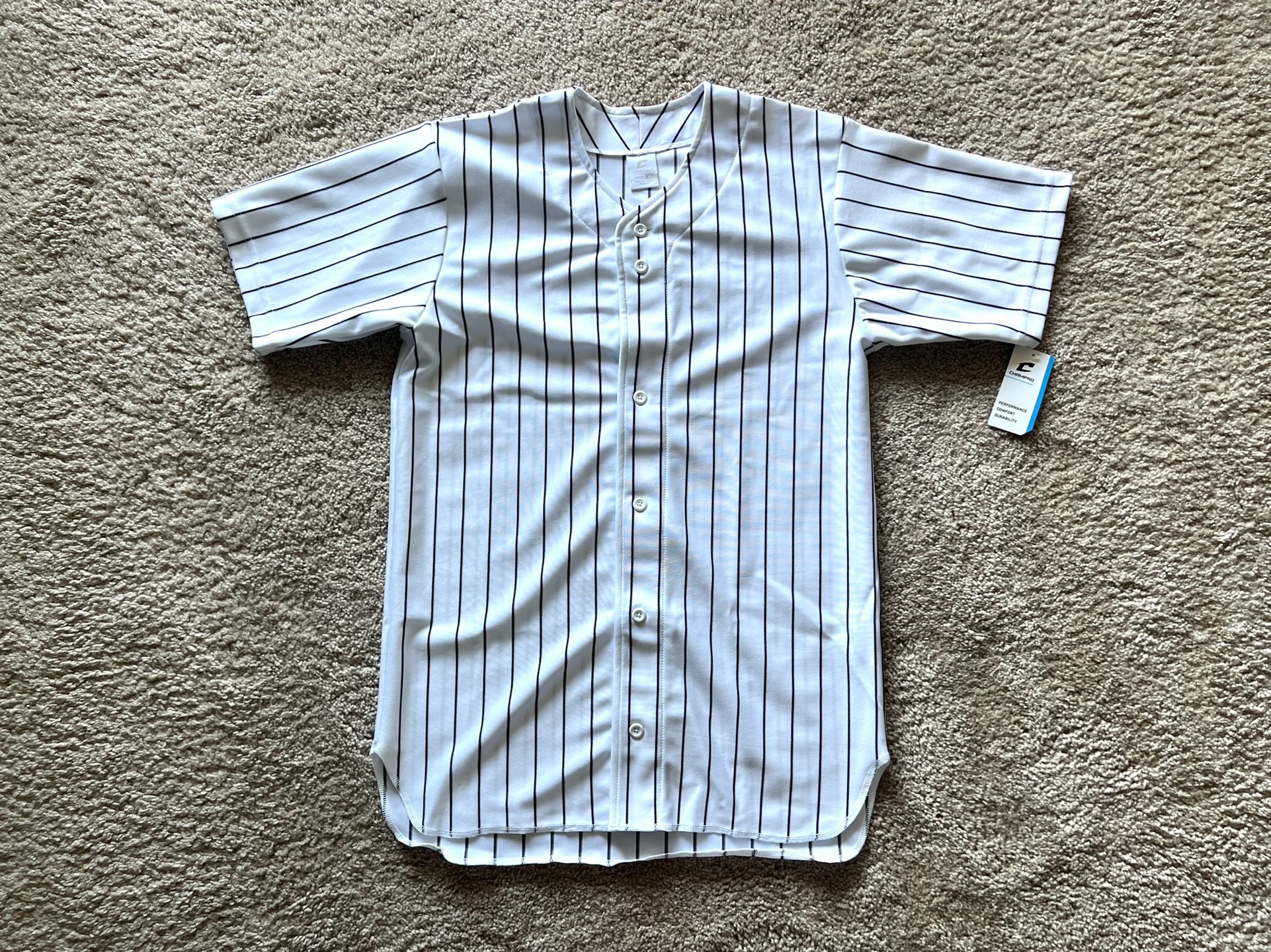 Champro Ace Adult Baseball Jersey White with Black Stripes—Size Medium Unisex