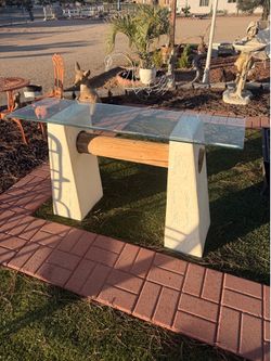 1970’s - Post Modern Glass Top Console Table with Wood and Plaster Base