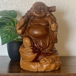 Chinese VTG LG Wood Carving Happy Laughing Buddha Statue Two-Tone Brown and Tan
