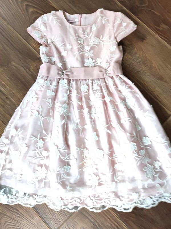 Pink Satin Ivory Tulle Lace Cap Sleeves Wedding Flower Girl Dress, Belt Size 8 Kids Children's