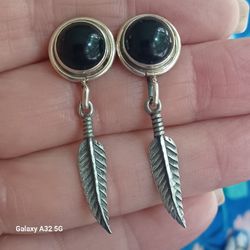 Vtg.Native Sterling Silver Onyx& Feather Earrings