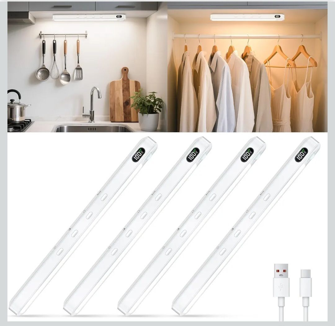 WILLED Under Cabinet & Closet Lights, Motion Sensor, Rechargeable, Magnetic, 3 Color Temps, Dimmable LED Light Bar for Indoor Kitchen Counter (4 Pack,