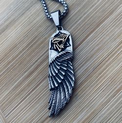 Men’s Stainless Steel Biker Angel Wing Eye of Horus Pendant Necklace For Men Egyptian