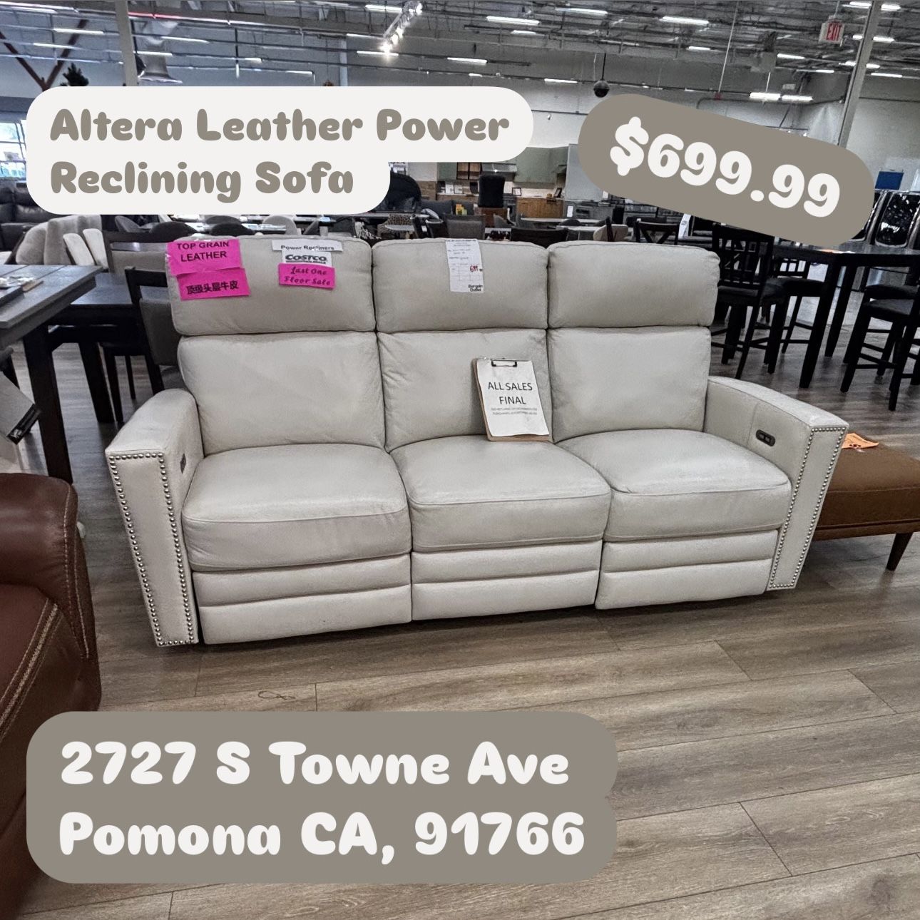 Altera Leather Power Reclining Sofa In White
