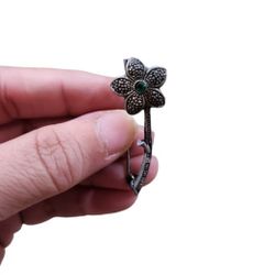 Vintage Silver Toned Green Gem Flower Pin