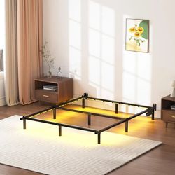 Full Size Metal Bed Frame – LED Lights + Charging Station